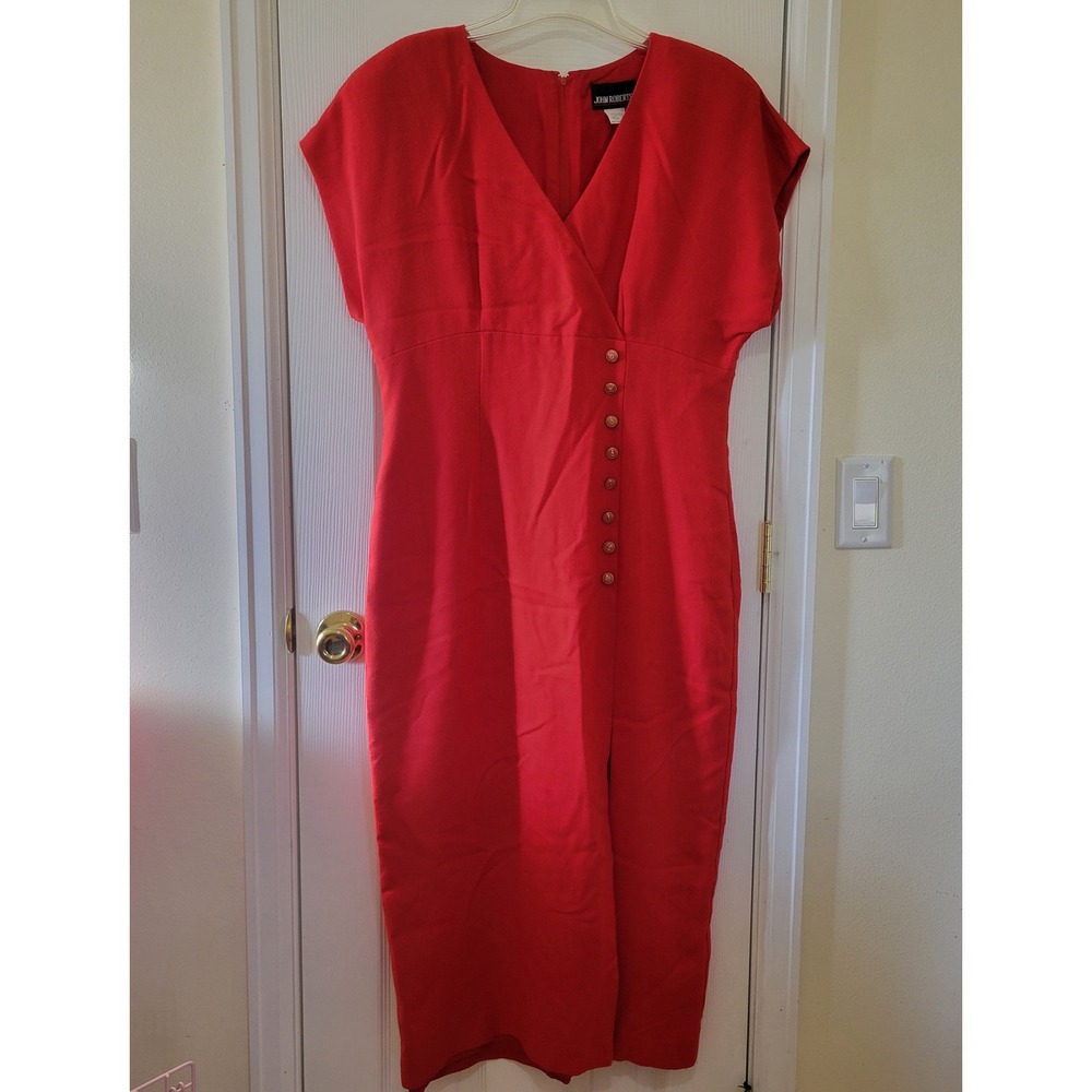 John Roberts Vintage‎ Red Sheath Dress Surplice V-Neck Gold Buttons Size 16 USA